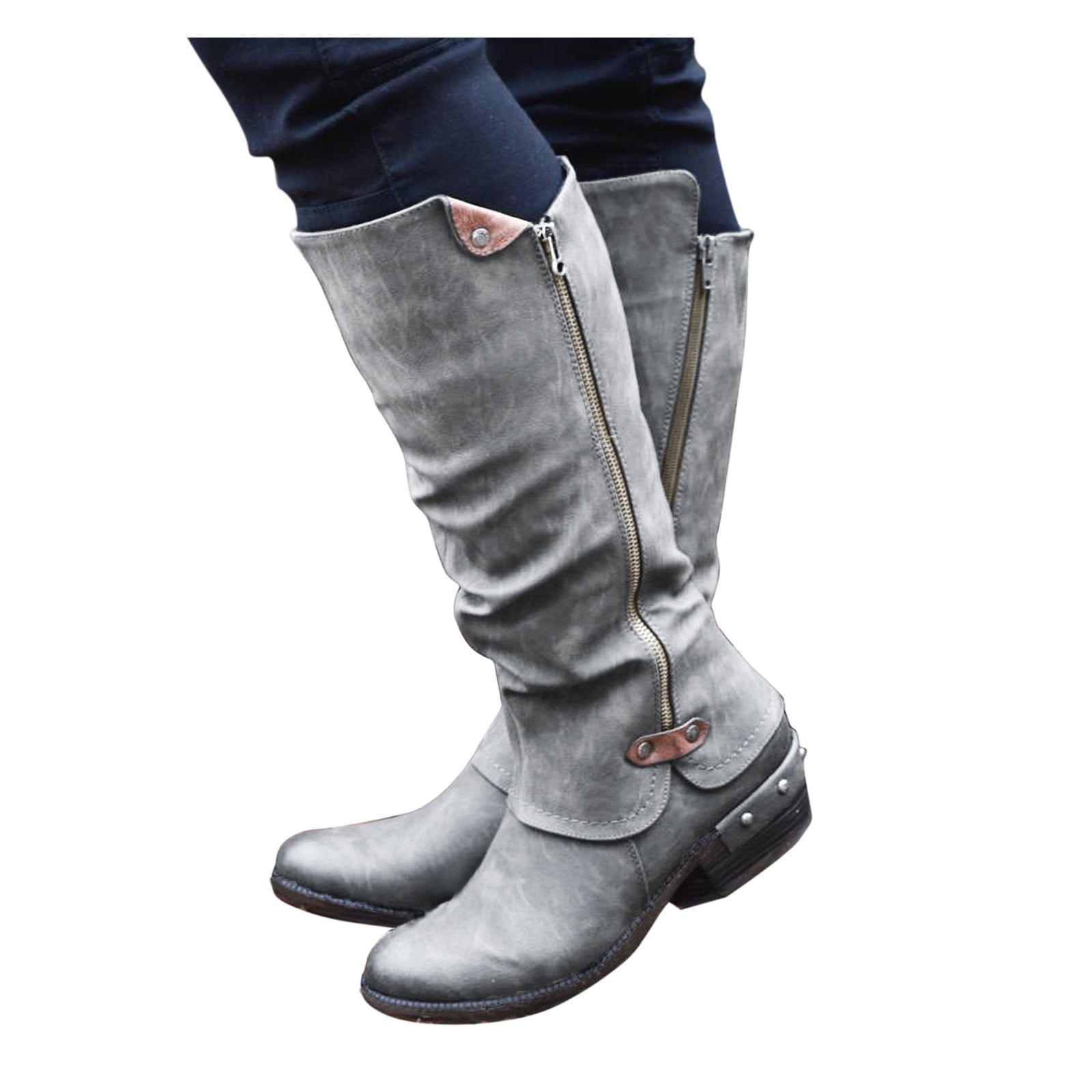 Women's Denim Knee High Boots Block Low Heels Round Toe Lace Up Buckle  Shoes | eBay