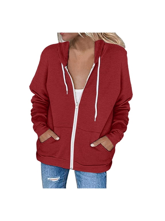 Women's Jackets Womens Hoodie Full Zip Long Sleeve Lightweight Sweatshirts Pockets Jacket Coat Wine XL