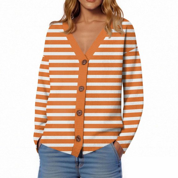 iOPQO Womens Cardigan Striped Cardigan Open Front Cardigan for Women Light Cardigan Light Weight Cardigan Women Long Sleeve Cardigan for Women Cable Knit Cardigan Women Orange M