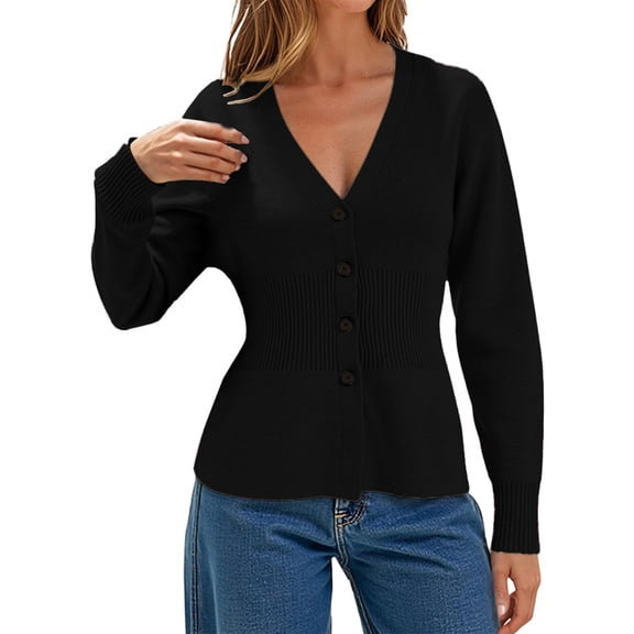 iOPQO Womens Cardigans Lightweight Women's Cardigan Sweaters Button Up Cardigan Light Sweaters for Women V Neck Sweaters for Women Knit Tops for Women Knit Cardigan Black L