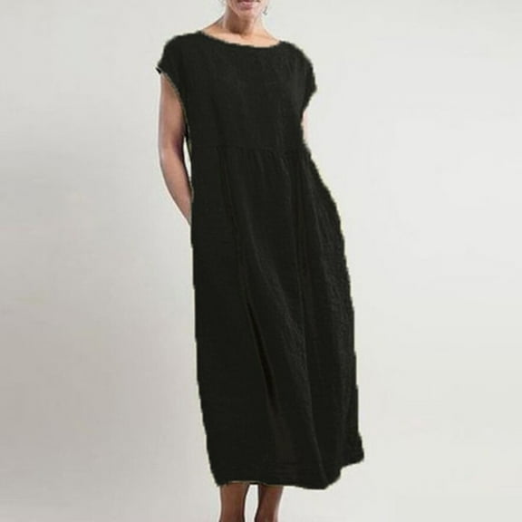 iOPQO Womens Dresses Maxi Dress Dress Maxi Kaftan Baggy Women’S Long Sleeveless O-Neck Solid Loose Pockets Women'S Dress Casual Dresses For Women Black L