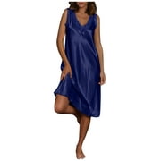 iOPQO Womens Pajamas,Silk Pajamas for Women Womens Sleepwear Nightgowns V Neck Dress Homewear Pajamas Mid Women's Lingerie, Sleep & Lounge,Night Gowns Blue L
