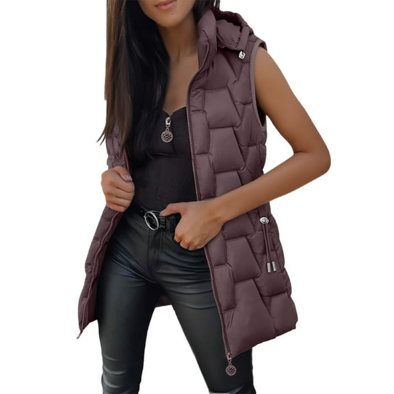 iOPQO Womens Puffer Vest Womens Long Puffer Vest Puffy Coats for Women Parka Jacket Women Hooded Vest Puffer Jacket Womens Zip Jacket Women Coffee XXL