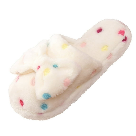 iOPQO Womens Slippers Fuzzy Slippers Winter Indoor Home Cute Bow Warm Non-Slip Cotton Women's Slipper House Slippers White
