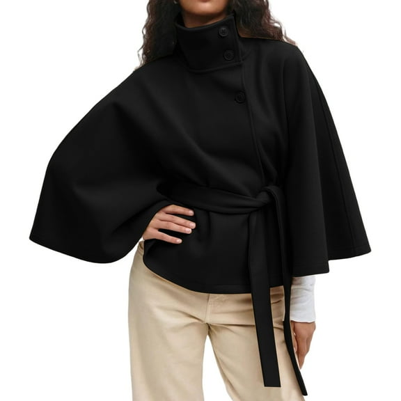 iOPQO Wool Coat Women Pea Coat Cape Coat for Women Wrap Coat Oversized Coats for Women Wool Jacket Women Winter Clothing for Women Black L