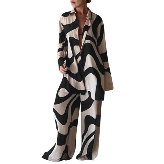 iOPQO Workout Sets For Women Women 2 Piece Outfits Wide Leg Shirt Pants Sets Casual Long Sleeve Button Down Shirt Pants Fashion StreetwearWide Leg Pants For Women Women'S Trousers Suit