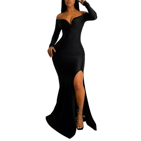 iOPQO black dresses for women V Neck High Split Long Formal Evening Dress Maxi Party Gown Sleeve Slit Dress Prom Long Plus Size Dress long sleeve dress for women