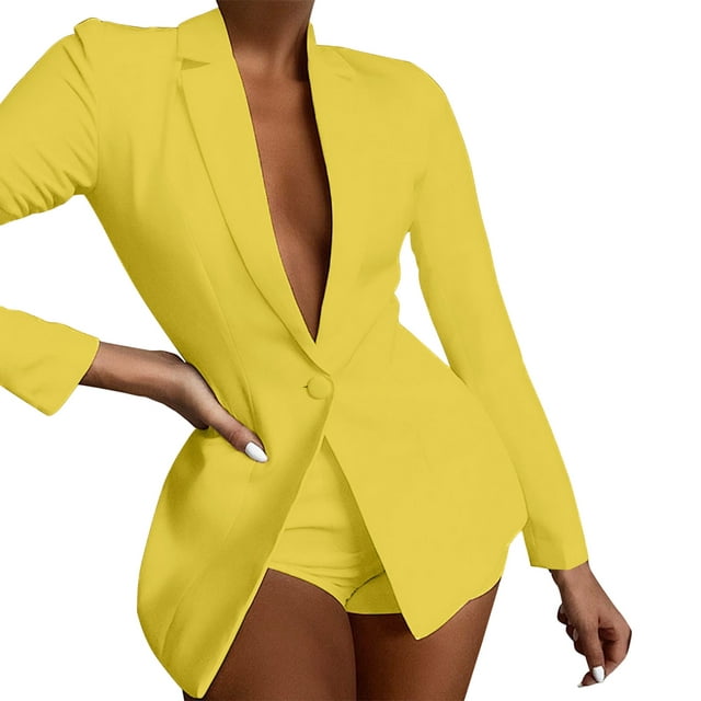 iOPQO blazer jackets for women Women's Casual Light Weight Thin Jacket Slim Coat Long Sleeve Blazer Office Business Coats Jacket Women's Blazers Yellow M