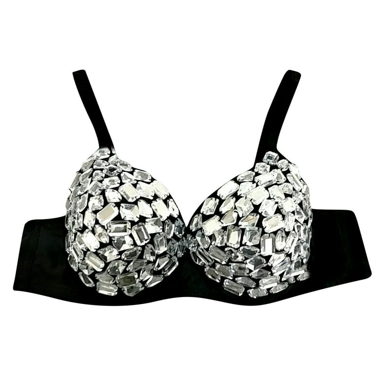 iOPQO bras for women Women's Fashion Rhinestone New Punk Lady Goth Silver  Party Studded Bra Black S