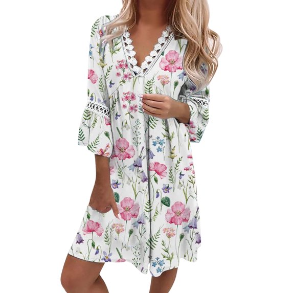 iOPQO casual dresses for women Women Summer Dresses For 2022 Ethnic Style Dress Lace Trim V Neck Floral Dress Dot Floral Printing Three Quarter Sleeves Swing Dress Bohemian Mini Dress White XXL