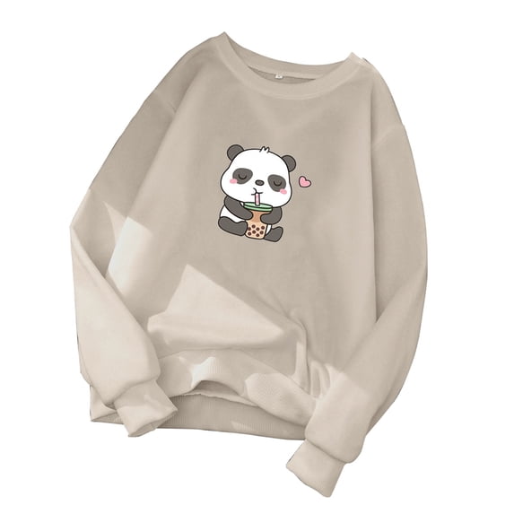 iOPQO hoodies for women Women's Pullovers Fun Graphic Print Round Neck Long Sleeve Sweatshirt Tops Women's Hoodies Beige L
