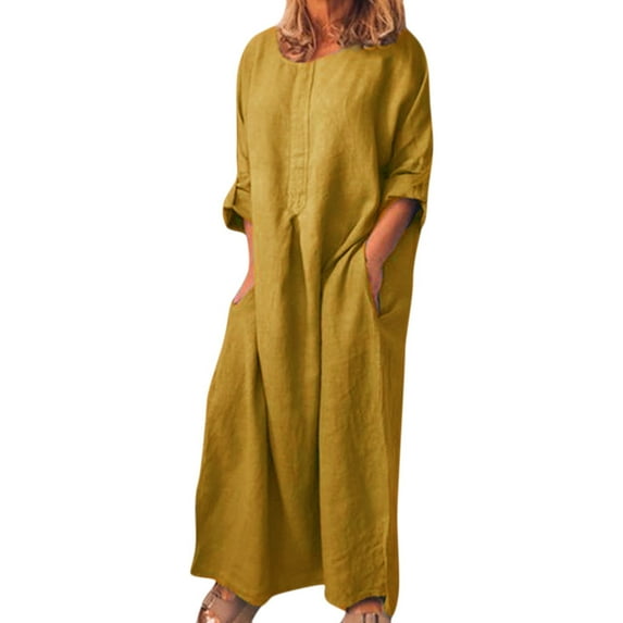 iOPQO long sleeve dress for women Casual Solid O-Neck Summer Cotton Maxi Dress With Pockets womens dresses
