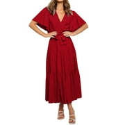 iOPQO maxi dress for women Summer Dress For Casual Ruffle Short Sleeve Dresses Wrap V Neck Dress summer dress