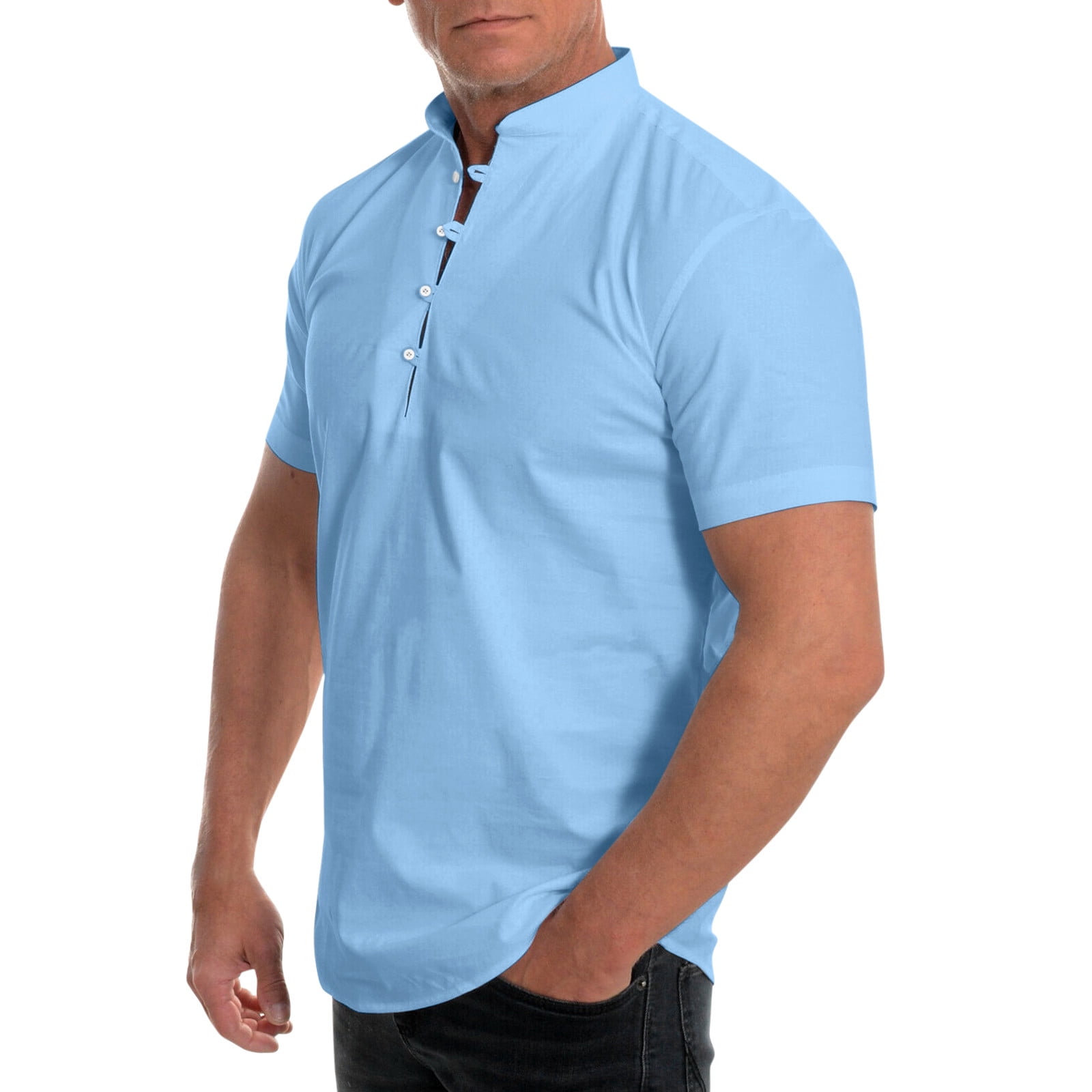 iOPQO mens shirts Men Summer Solid Stand Collar Short Sleeve Casual ...
