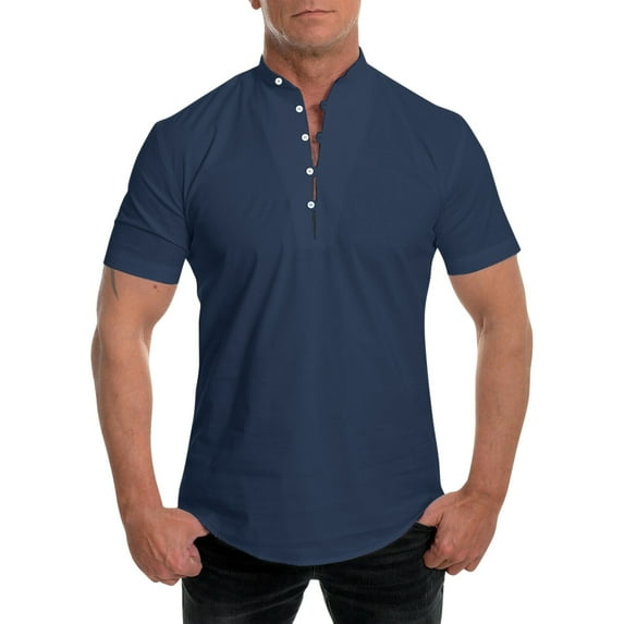 iOPQO mens shirts Men Summer Solid Stand Collar Short Sleeve Casual Loose Shirt Top polo shirts for men M Blue 3XL