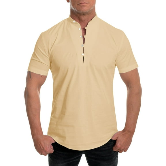 iOPQO mens shirts Men Summer Solid Stand Collar Short Sleeve Casual Loose Shirt Top polo shirts for men N Beige 5XL