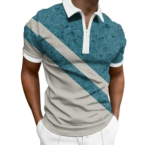 iOPQO polo shirts for men Mens Spring And Summer Fashion Lapel Zipper Short Sleeve Printed T Shirt Shirt Top mens polo shirts Blue + L