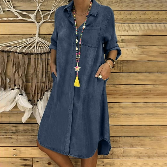 iOPQO summer dress Solid V Pocket Dress Long Sleeve Button Loose Denim Casual Women Dress Neck Women's Casual Dress Long Sleeve Maxi dress Scoop Neck Navy Blue