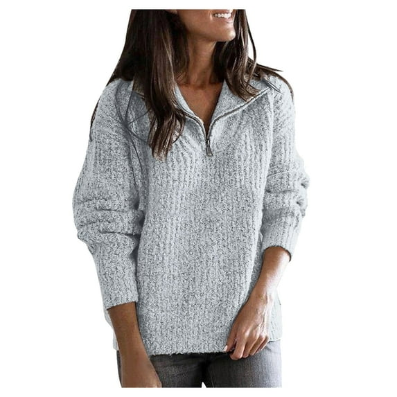 iOPQO sweatshirt for women Women's Winter Fashion Half Zipper Holiday Solid Color Sweater Top Blouse Long Sleeve Crew Neck Half Zip Grey 3XL