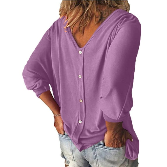 iOPQO t shirts for women Women's Tops Batwing Sleeves Three Quarter Sleeves Button Up Everyday Loose Shirt Tops Women's T-Shirts Purple M