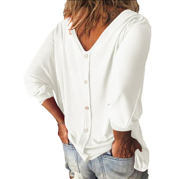 iOPQO t shirts for women Women's Tops Batwing Sleeves Three Quarter Sleeves Button Up Everyday Loose Shirt Tops Women's T-Shirts White M