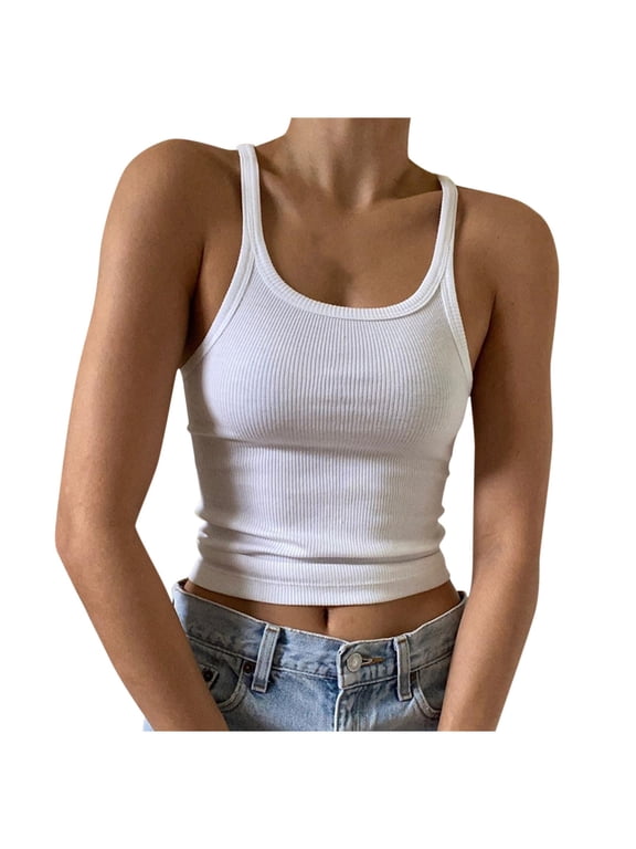 tank top for women Women's Casual Fashion Solid O-neck Navel Slim Camisole Top womens tank tops White + M