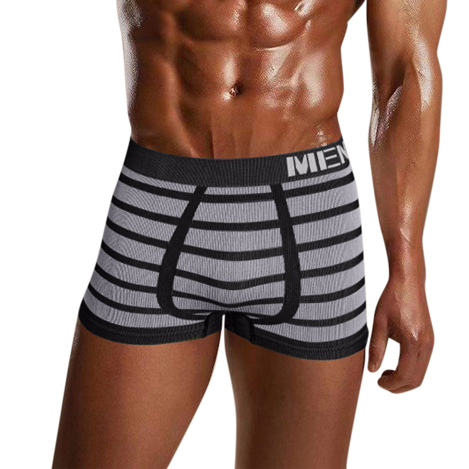 iOPQO underwear For men Men Striped Printed Breathable Mid Waist Stretch Boxer  Briefs Grey + L 