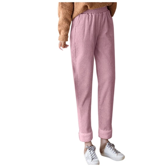 iOPQO womens fall fashion 2022 Women Winter Corduroy Solid Color High Waist Keep Warm Long Pants Thermal Underwear Bottoms Pink 3XL