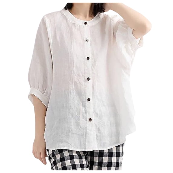 iOPQO womens t shirts Women's Short Sleeve Blouse Puffed Shirt Cotton Linen Button Front Loose Top t shirts for women White + XXL