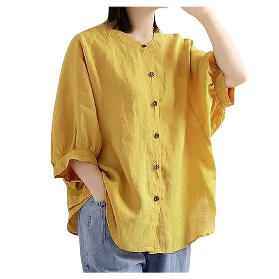 iOPQO womens t shirts Women's Short Sleeve Blouse Puffed Shirt Cotton Linen Button Front Loose Top t shirts for women Yellow + 3XL
