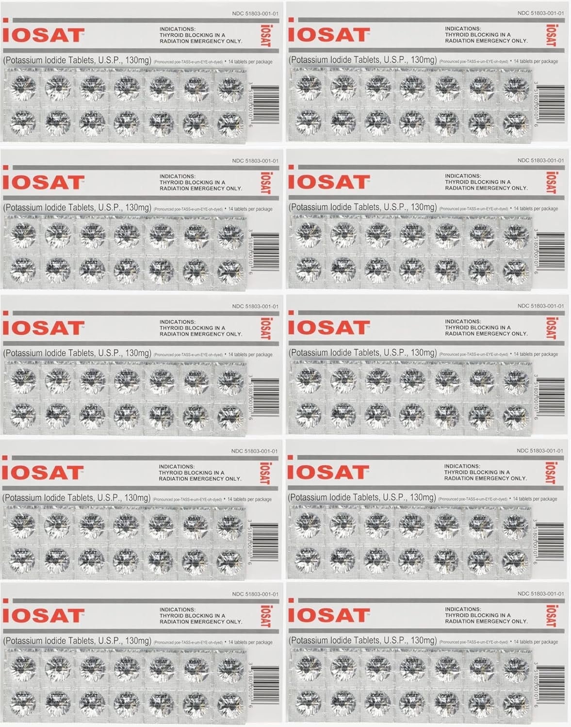 iOSAT Potassium Iodide Tablets, 130 mg – 10 Packs (14 Tablets Each) | Exp 2032 | Radiation Emergency Thyroid Protection