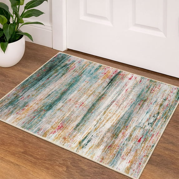 iOhouze 2x3 Small Area Rugs Abstract Rugs Throw Rugs with Rubber Backing Washable Indoor Front Door Mat Print Faux Wool Doormat for Bedside Entrance Entryway, Green/Turquoise
