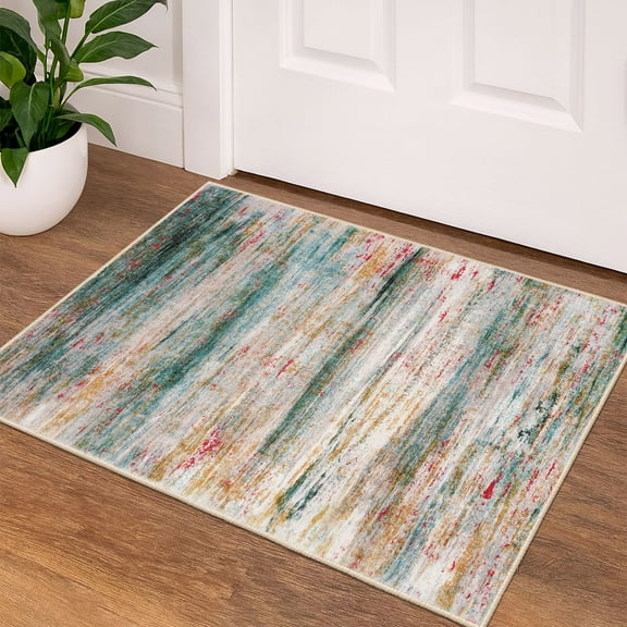 iOhouze 2x3 Small Area Rugs Abstract Rugs Throw Rugs with Rubber Backing Washable Indoor Front Door Mat Print Faux Wool Doormat for Bedside Entrance Entryway, Green/Turquoise