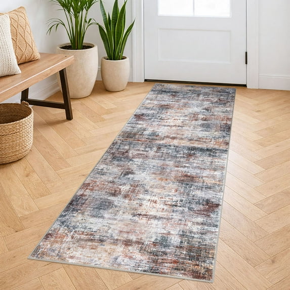 iOhouze 2x5 Runner Rugs Abstract Washable Runner Rug for Hallways Non Slip Kitchen Runner Low Pile Soft Printed Faux Wool Indoor Runner for Bedroom Entryway Laundry Room, Orange Grey