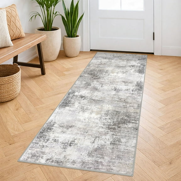 iOhouze 2x5 Runner Rugs Abstract Washable Runner Rug for Hallways Non Slip Kitchen Runner Low Pile Soft Printed Faux Wool Indoor Runner for Bedroom Entryway Laundry Room, Ash Grey/Beige