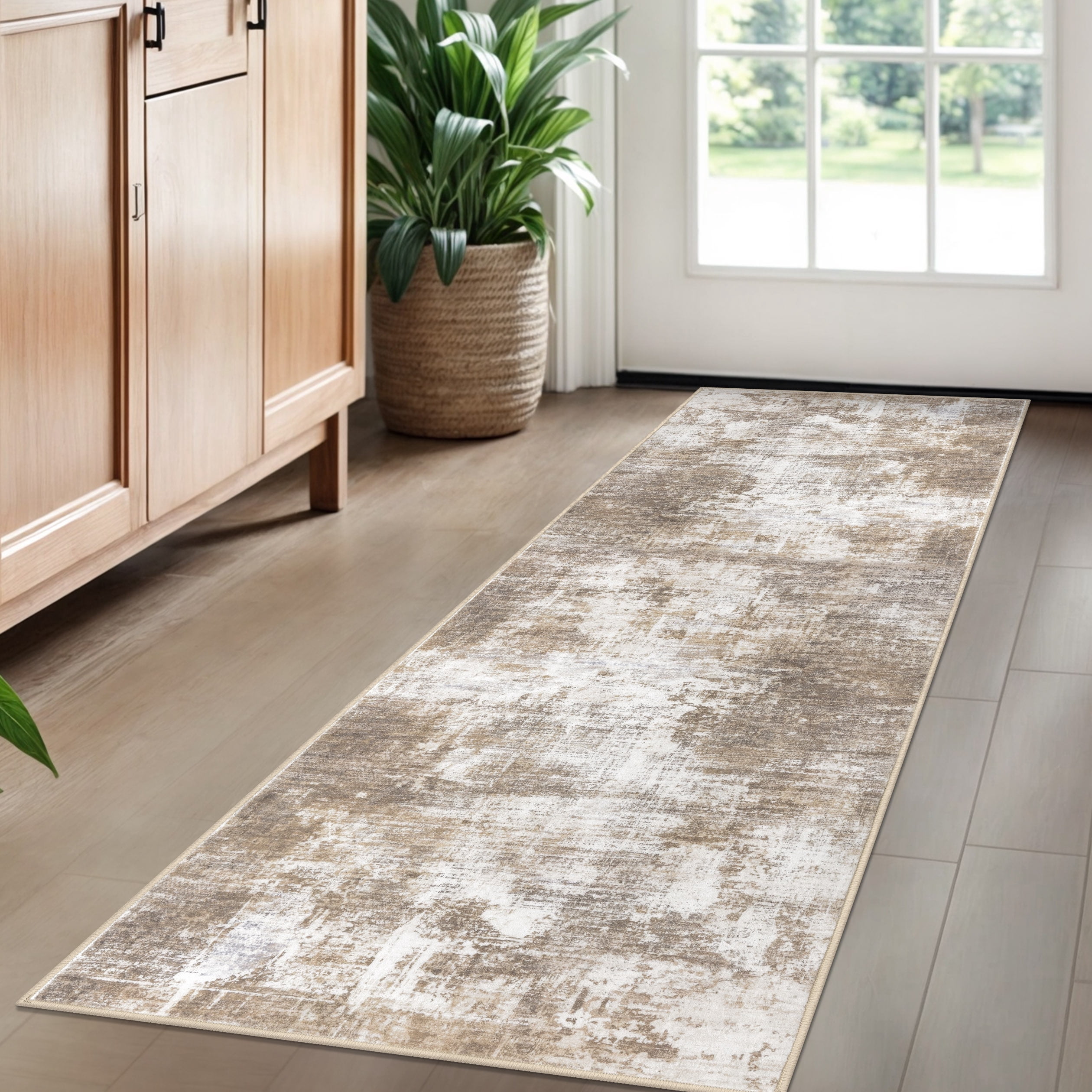 iOhouze 2x5 Runner Rugs Abstract Washable Runner Rug for Hallways Non Slip Kitchen Runner Low Pile Soft Printed Faux Wool Indoor Runner for Bedroom Entryway Laundry Room, Beige Brown