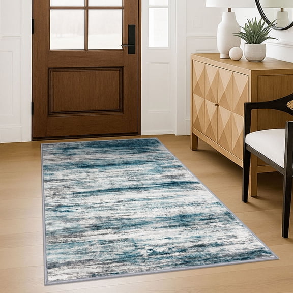 iOhouze Washable Entryway Rugs 3x5 Modern Abstract Non slip Area Rug Soft Low Pile Print Distressed Abstract Carpet for Bedroom Living Room Kithen Bedroom,Blue