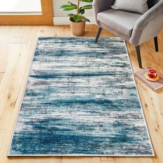 iOhouze Washable Entryway Rugs 3x5 Modern Abstract Non slip Area Rug Soft Low Pile Print Distressed Abstract Carpet for Bedroom Living Room Kithen Bedroom,Blue