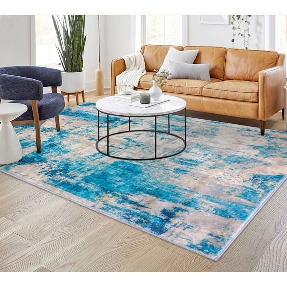 iOhouze 5x7 Area Rugs Modern Abstract Washable Rug Soft Low Pile Non-slip Rubber Backed Carpet Rugs Print Distressed Blue Rug for Living Room Bedroom Dining Room