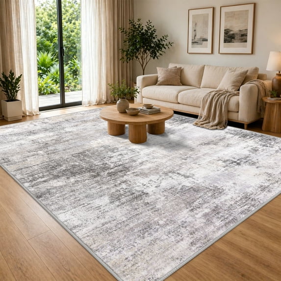 iOhouze Washable Rugs 8x10 for Living Room Modern Abstract Machine Washable Indoor Rugs Soft Carpet Rugs Non Slip Rug for Bedroom Dining Room Office Playroom, Ash Grey/Beige
