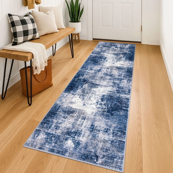 iOhouze Runner Rugs 2x6 Washable Runner Rug for Hallways Non Slip Kitchen Runner Low Pile Soft Printed Faux Wool Abstract Floor Runner for Inodoor Bedroom Entryway Laundry Room, Navy/Grey/White