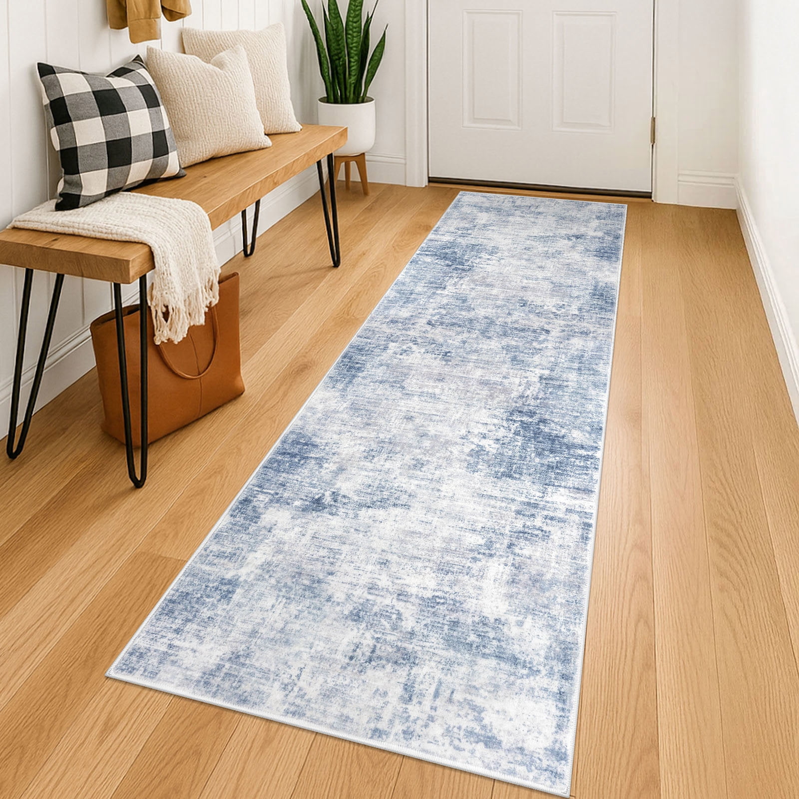 iOhouze Runner Rugs 2x6 Washable Runner Rug for Hallways Non Slip Kitchen Runner Low Pile Soft Printed Faux Wool Abstract Floor Runner for Inodoor Bedroom Entryway Laundry Room, Light Blue/Grey/White