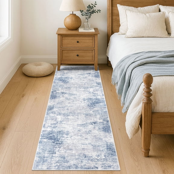 iOhouze Runner Rugs 2x7 Washable Runner Rug for Hallways Non Slip Kitchen Runner Low Pile Soft Printed Faux Wool Abstract Floor Runner for Inodoor Bedroom Entryway Laundry Room, Light Blue/Grey/White