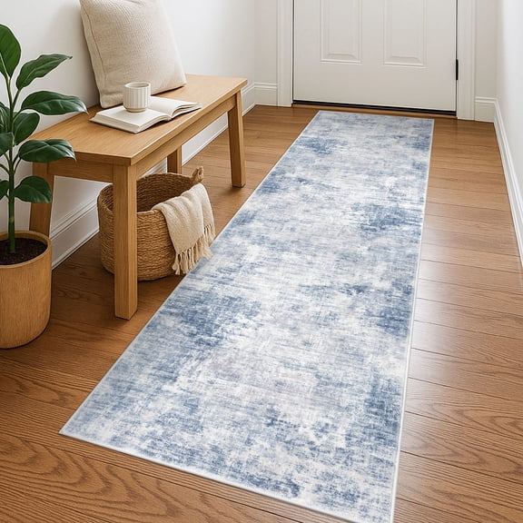 iOhouze Runner Rugs 2x7 Washable Runner Rug for Hallways Non Slip Kitchen Runner Low Pile Soft Printed Faux Wool Abstract Floor Runner for Inodoor Bedroom Entryway Laundry Room, Light Blue White