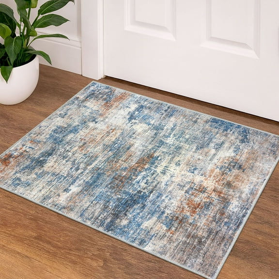 iOhouze Throw Rug with Rubber Backing Abstract Small Area Rugs 2x3 Washable Rugs Non Slip Low Pile Soft Printed Faux Wool Door Mat for Entrance Entryway Foyer Kitchen Bedroom, Blue/Rust/White