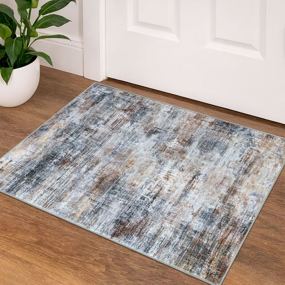 iOhouze Throw Rug with Rubber Backing Abstract Small Area Rugs 2x3 Washable Rugs Non Slip Low Pile Soft Printed Faux Wool Door Mat for Entrance Entryway Foyer Kitchen Bedroom, Orange Grey