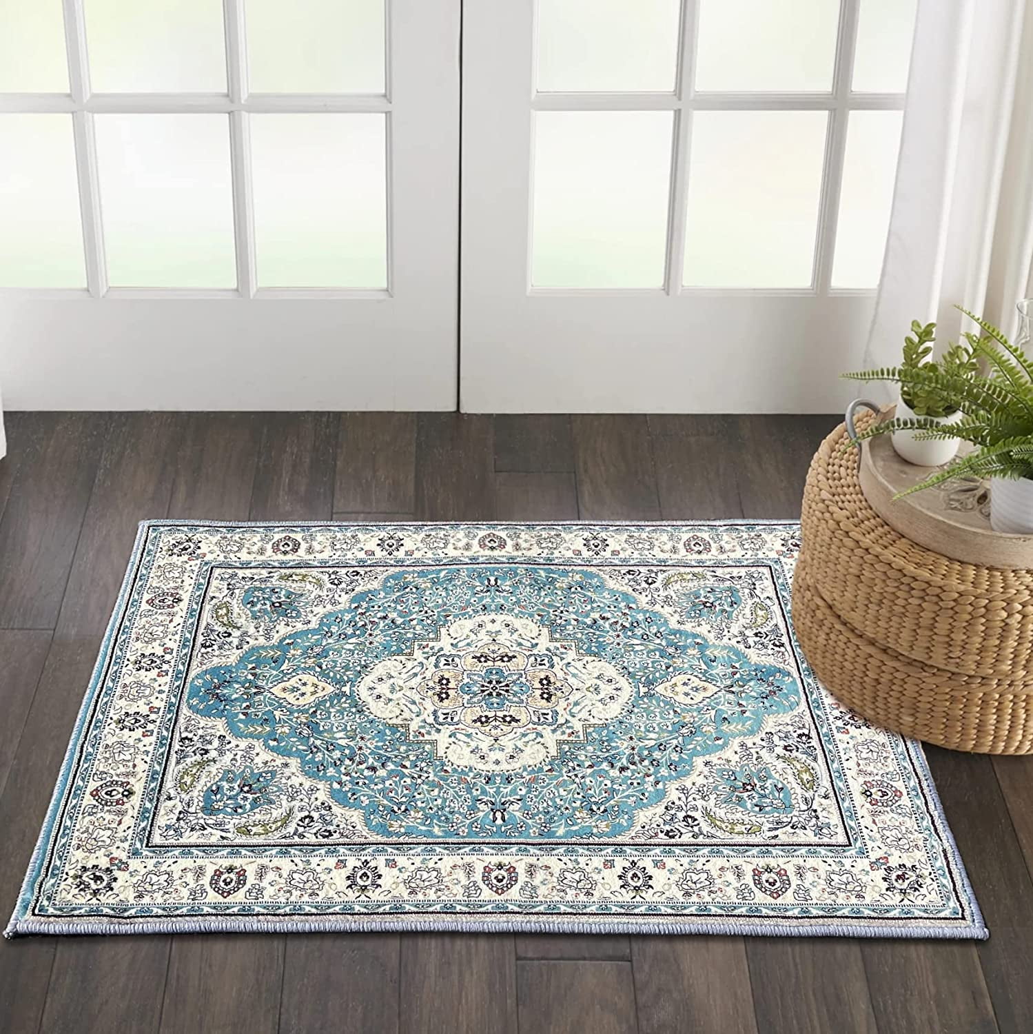 EARTHALL Boho Area Rug, Throw Rugs with Rubber Backing 3 X 5 Entry Way Rugs  Faux Wool Soft Non-Slip Low-Pile Indoor Doormat Machine Washable Rug