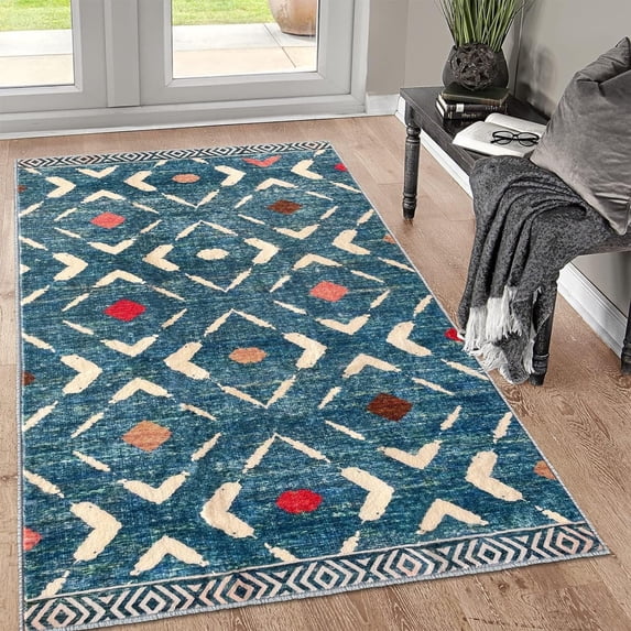 iOhouze Area Rug 3'x5' Washable Rugs Kitchen Rugs Ultra Soft Print Distressed Geometric Thin Bedroom Rug for Entryway Living Room, Teal