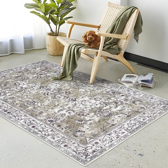 iOhouze Area Rugs 3x5 Washable Rugs Non-Slip Low Pile Vintage Thin Floral Rug Ultra Soft Indoor Floor Carpet for Kitchen Bedroom Entryway Laundry Room, Mossy Taupe