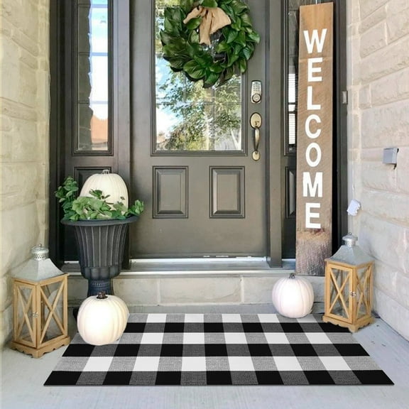 iOhouze Black and White Outdoor Area Rug 2x4.3 ft Plaid Checkered Rug Washable Front Door Mat Hand Woven Cotton Porch Rug for Patio Front Door